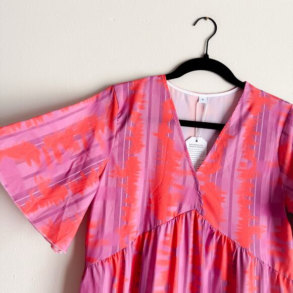 Pink + Purple Printed V Neck Short Sleeve Beachy Summery Tiered Maxi Dress Small - Picture 3 of 6